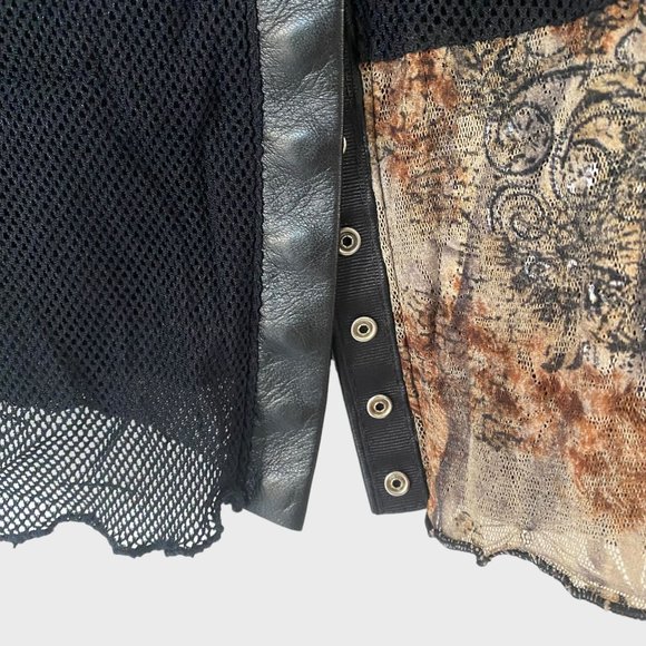 Isabel Leather & Mesh Button-Up Blouse Womens Medium Black Abstract Panel Top - Picture 9 of 14